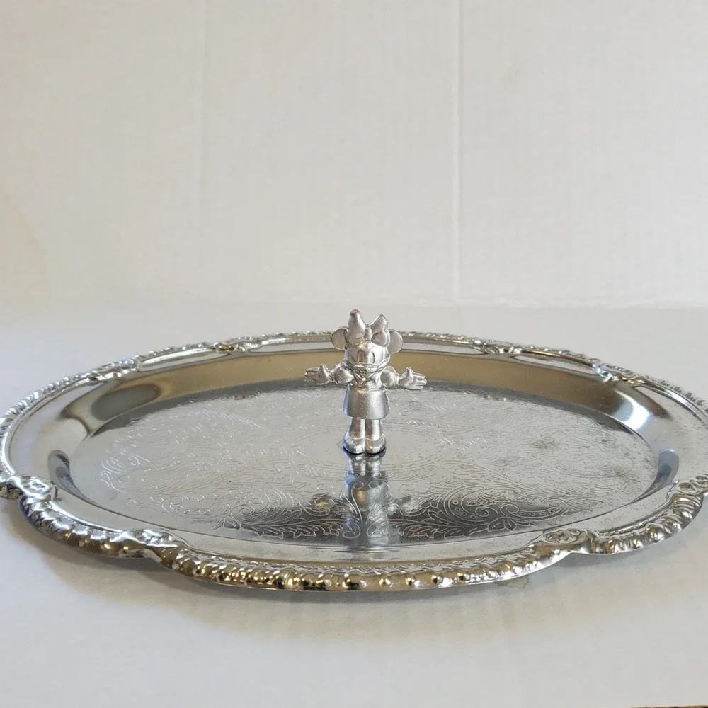 Vintage Disney Minnie Mouse Silver Plated Etched Vanity Jewelry Tray Hong Kong